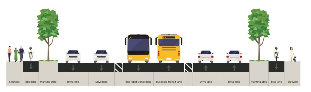 Reference standard road and highway geometries: lane widths, sidewalks, medians, shoulders, tapers, crosswalks, and signal heights in m & ft.